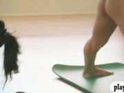 Sexy women and trainer hot yoga session while naked