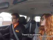 Threesome ffm fuck in fake driving school car