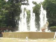 Blonde made to bath in public fountain