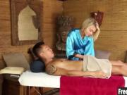 Blonde teen Kota Sky gives an Asian guy a great massage