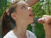 First time messy blowjob outdoor and swallow cum