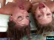 Face-fucked brunettes swallow fresh cum