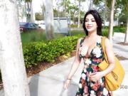 Busty Latina flashing for hard cash in public