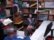 Two security guards fuck a tiny teen thief in their office