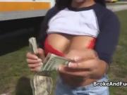 Broke bigtit eats cash while gets fucked