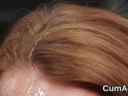 Horny honey gets cumshot on her face sucking all the load