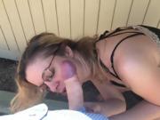 secretary with glasses takes dick on break outdoors