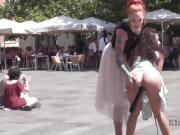 Anal plugged petite slave in public