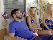 Two blonde teens team up on his big dick on 4th of July