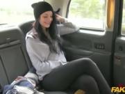 Pretty brunette gets to fuck the man twice in a cab