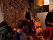 Fetish blonde gangbanged in public bar