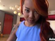 Asian redhead petite shaved pussy fucked by large cock