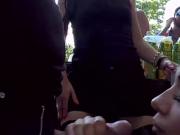 Petite Euro slave sucking in public