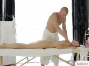 Skinny brunette teen masseuse pounded on massage table