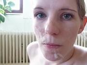 Skinny blonde German teen BJ, facial and cum play