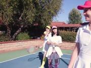 Unusual tennis session with petite besties outdoor