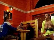 Busty babe whipped and fucked in public