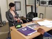 White chick gives blowjob to black dong in office