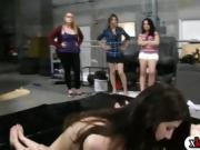Group of sexy rushes licking pussies in the warehouse