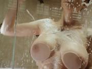 Models with big natural boobs showing off in the shower