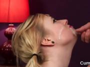 Wicked babe gets cumshot on her face swallowing all the spunk