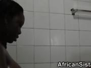 Busty amateur ebony lesbians showering together