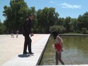 Slave in red dress humiliated in public