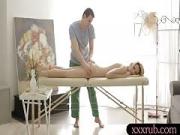 Hot blonde babe Karina Grand analyzed on massage table