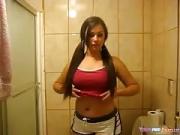 Hot Pigtailed brunette fuck teenie Flashes Her Big Tits In The Bathroom