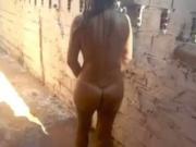 Dude Tapes His ebony boobs GF Showering Outside After Tanning