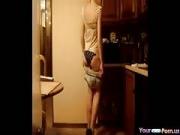 Hot Ponytailed blonde Strips In The Kitchen
