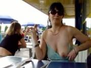 Milf Flashes Her Tits While Having A Drink With Her Husband In Public