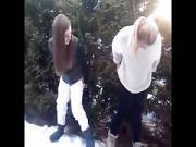 2 Girls pee in the snow