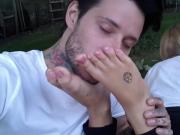 Sniffing and licking amateur's tattoed feet