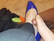 Giving footjob in blue pointed Scarpins