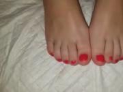 Red toenails get uncut man's cum