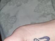 Black cock cumming on white tattoed foot