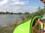 Cum filled holes Eveline getting banged on camping site