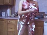 Sexy senora puts pie and cream on her body then fucks herself with vibrator