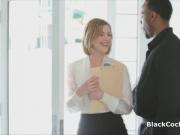 Blonde rides big black cock in stockings