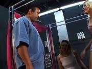 Two blondes fuck man with strapons