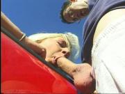 Blonde nympho rides a hard thick cock on the back of a convertible