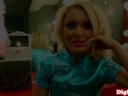 Petite piggytail fishnet doll rides cock
