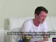 Busty casting agent gets a load over her tits