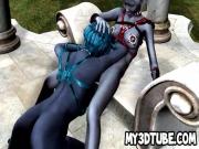 Blue skinned 3D alien lesbian babe gets eaten out