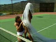 Stunning young big tit bride is licked by tennis coach and fucked hard