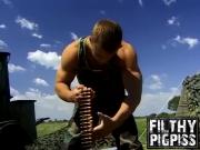 Army dude gets hosed down by hot and hunky comrades