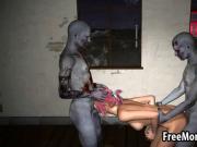 3D redhead babe getting double teamed by zombies