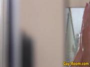 Scruffy stud fucks jock after watching him shower
