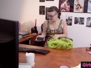 Hirsute amateur girl squirts in the office